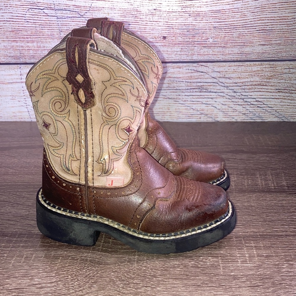 Pre Owned Little Girls Justin Brown Leather Square Toe Western Boots Size 8.5 D